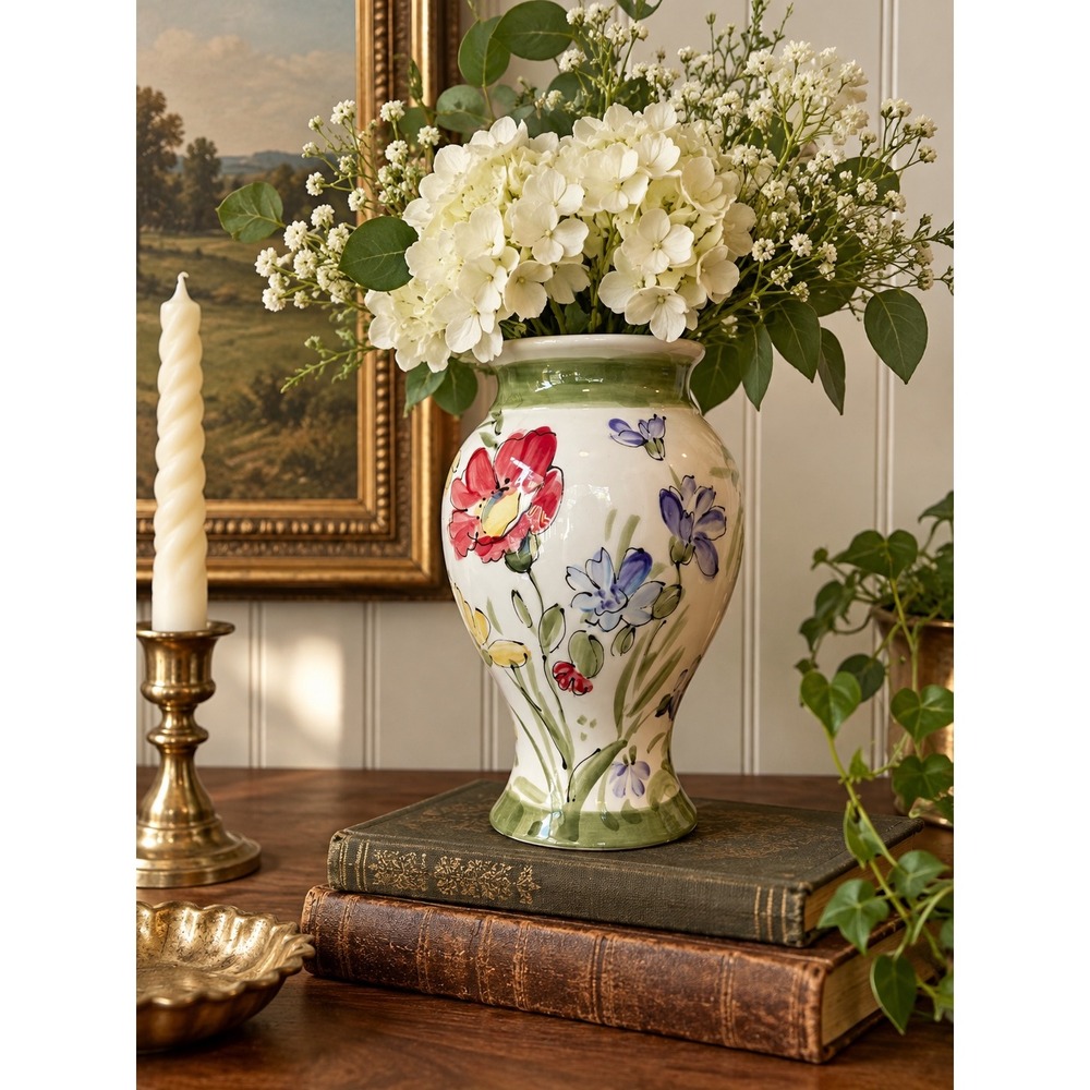 Hand-Painted Blue Dot Floral Ceramic Vase – Signed Pottery